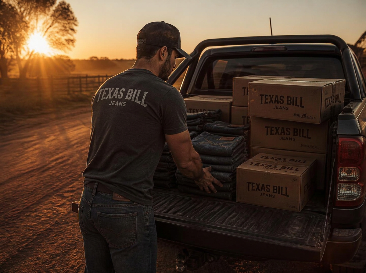 Carregando a caminhonete da Texas Bill com jeans ao amanhecer